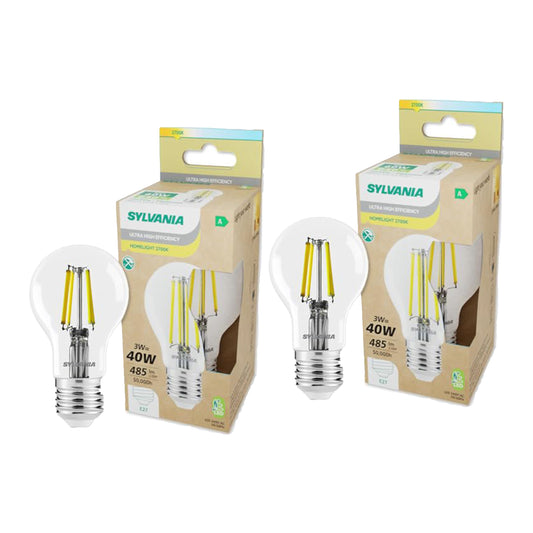 Sylvania Platinum GLS Retro E27 Ultra-Efficient Warm White 2.3W A-Class LED Bulb - 2 Pack