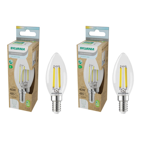 Sylvania Platinum Candle Retro E14 Ultra-Efficient Neutral White 2.3W A-Class LED Bulb - 2 Pack