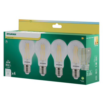 Sylvania ToLEDo RT GLS LED Filament Light Bulb E27 806 Lumens Warm White 2700K - Pack of 4