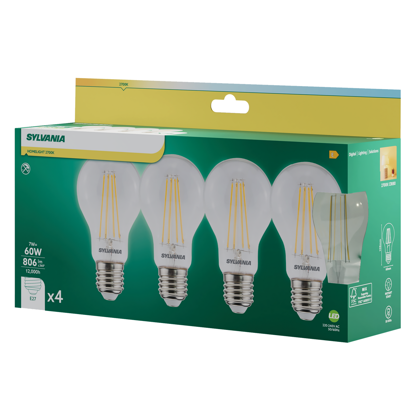 Sylvania ToLEDo RT GLS LED Filament Light Bulb E27 806 Lumens Warm White 2700K - Pack of 4