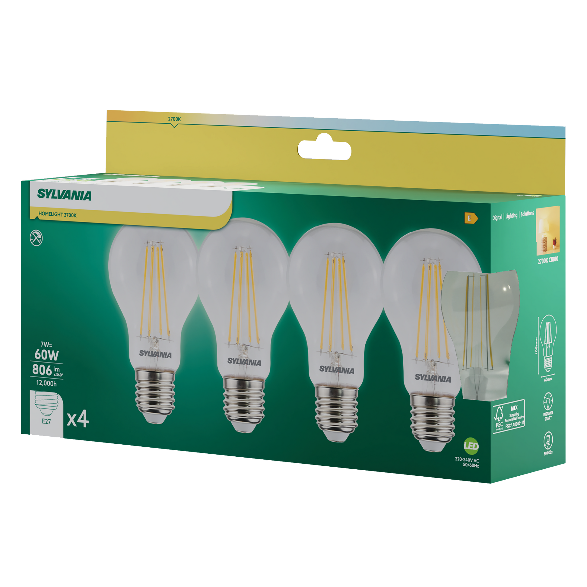 Sylvania ToLEDo RT GLS LED Filament Light Bulb E27 806 Lumens Warm White 2700K - Pack of 4