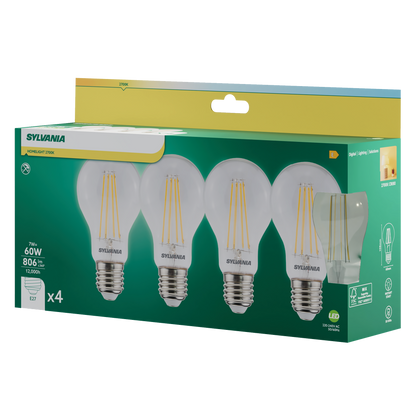 Sylvania ToLEDo RT GLS LED Filament Light Bulb E27 806 Lumens Warm White 2700K - Pack of 4