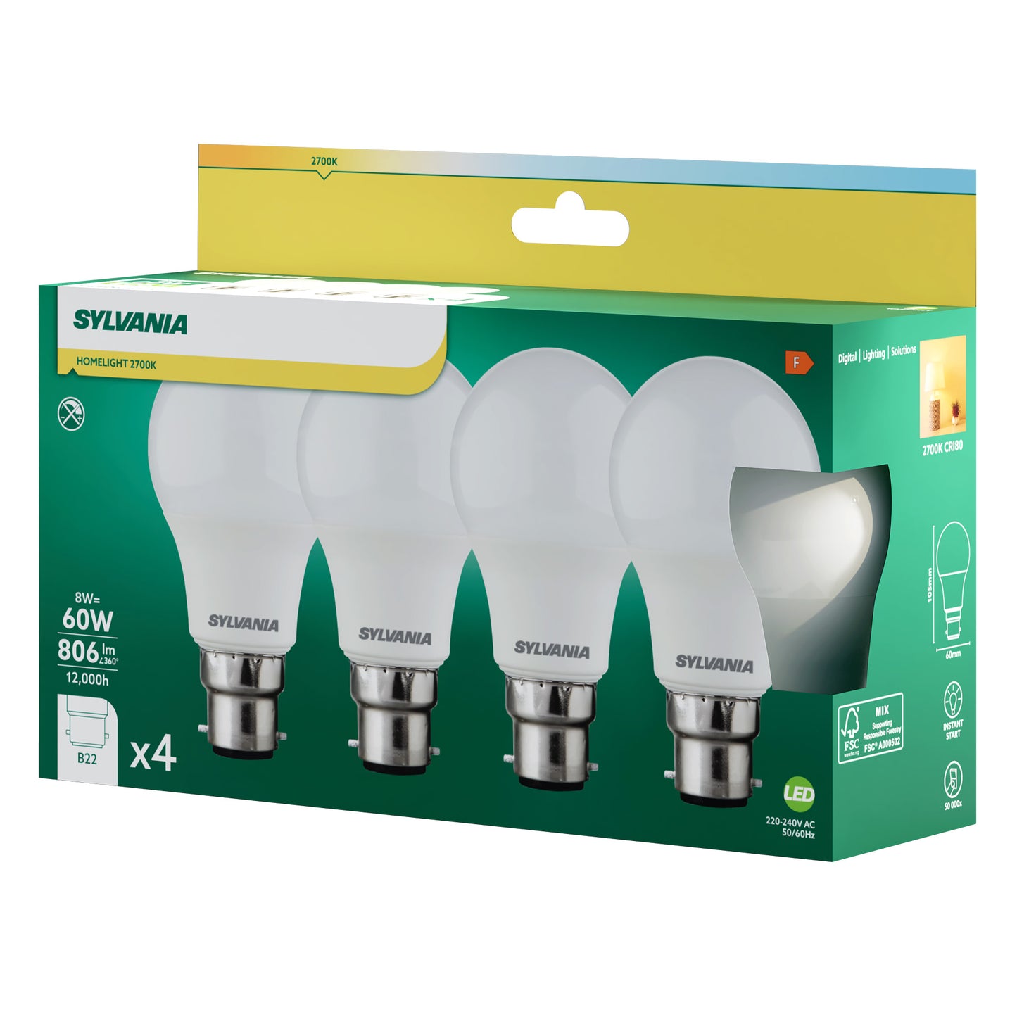 Sylvania ToLEDo GLS LED Light Bulb B22 806 Lumens Warm White 2700K - Pack of 4
