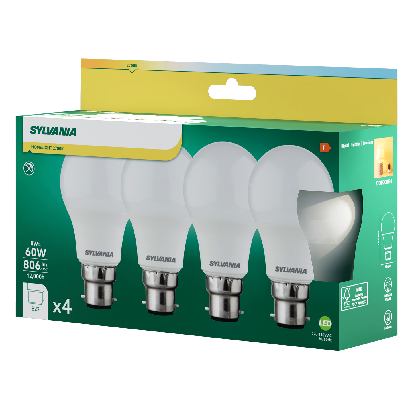 Sylvania ToLEDo GLS LED Light Bulb B22 806 Lumens Warm White 2700K - Pack of 4