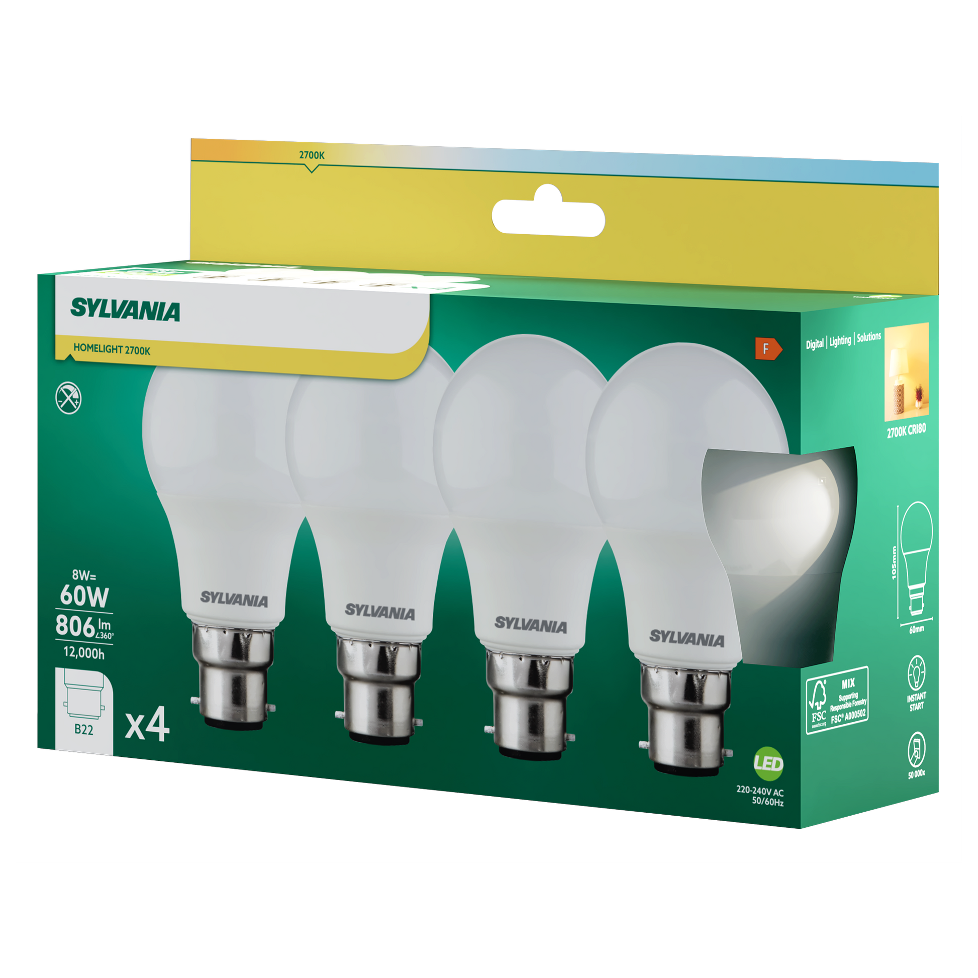 Sylvania ToLEDo GLS LED Light Bulb B22 806 Lumens Warm White 2700K - Pack of 4