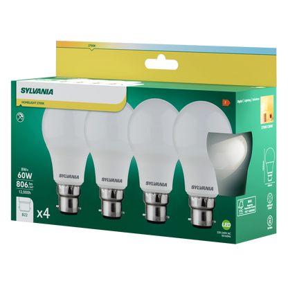 Sylvania ToLEDo GLS LED Light Bulb B22 806 Lumens Warm White 2700K - Pack of 4