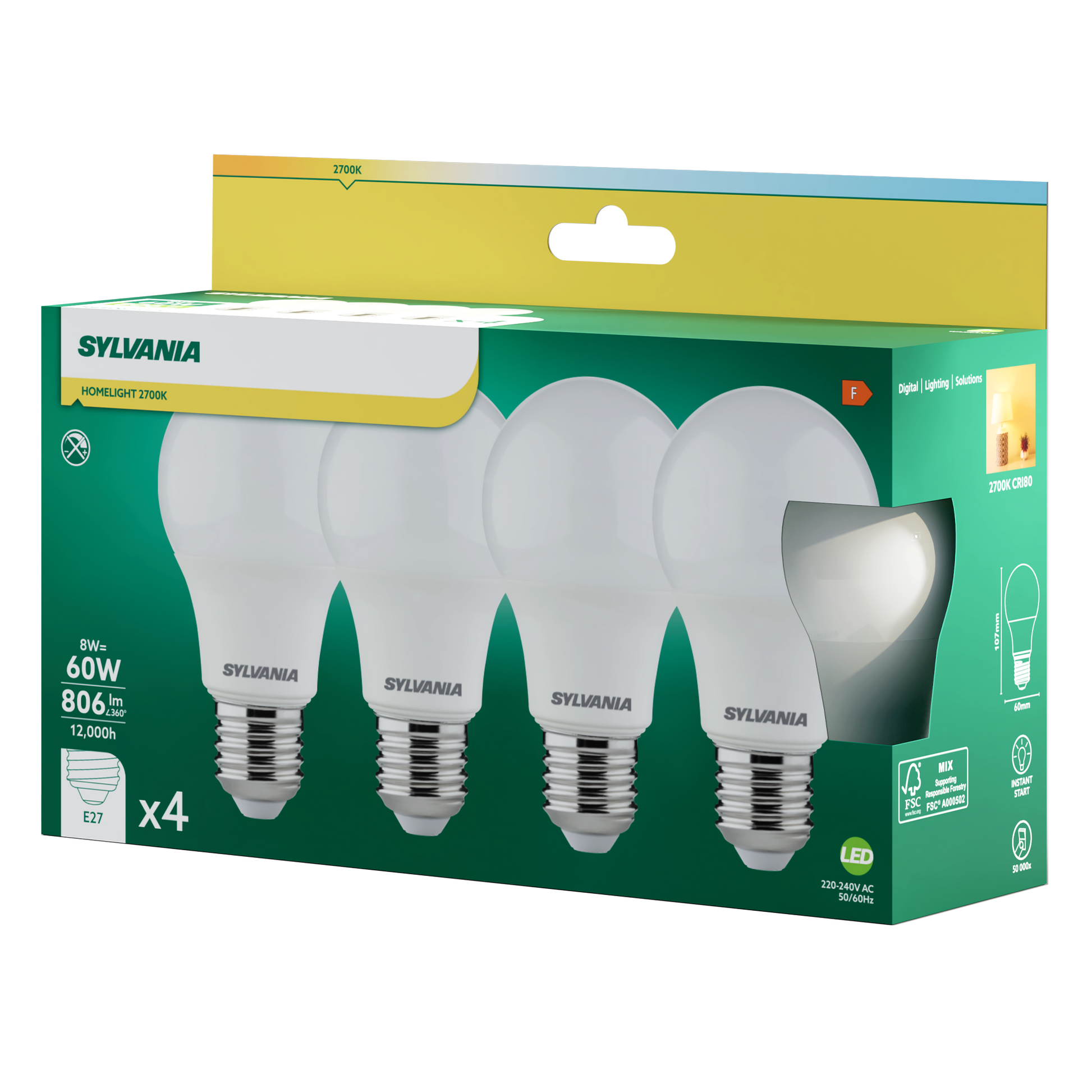 Sylvania ToLEDo GLS LED Light Bulb E27 806 Lumens 2700K/4000K - Pack of 4