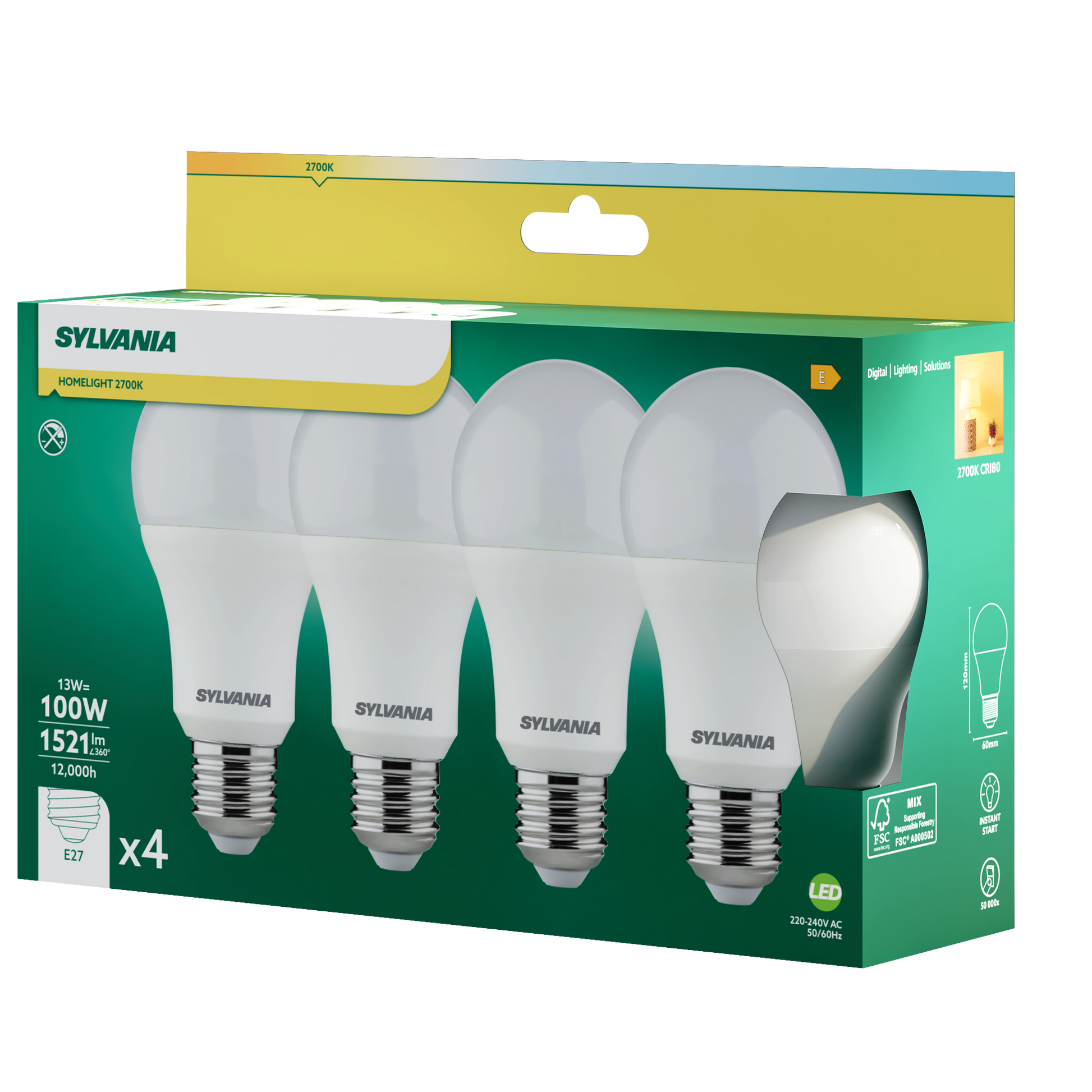 Sylvania ToLEDo GLS LED Light Bulb E27 806 Lumens 2700K/4000K - Pack of 4