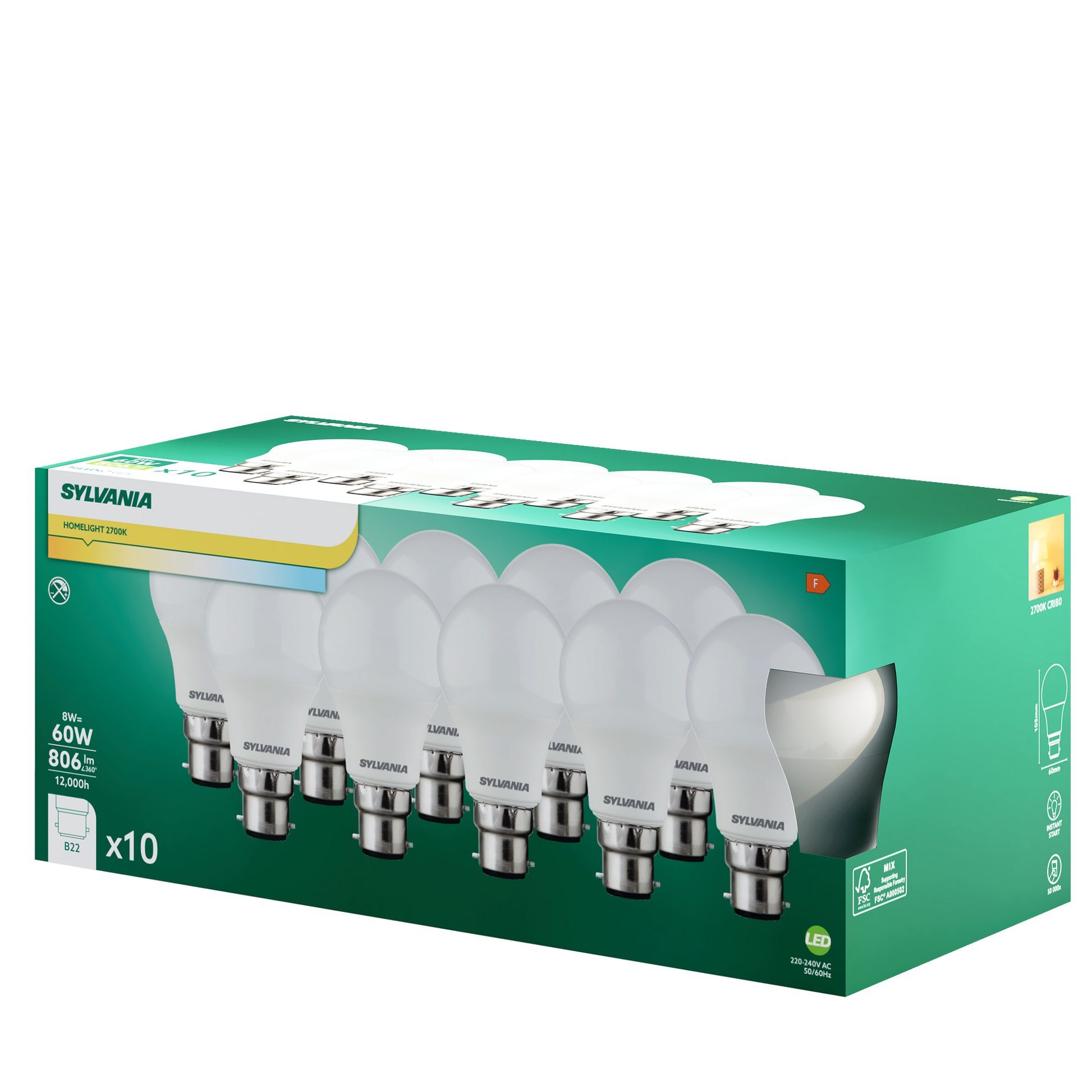Sylvania ToLEDo GLS LED Light Bulb B22 806 Lumens Warm White 2700K - Pack of 4