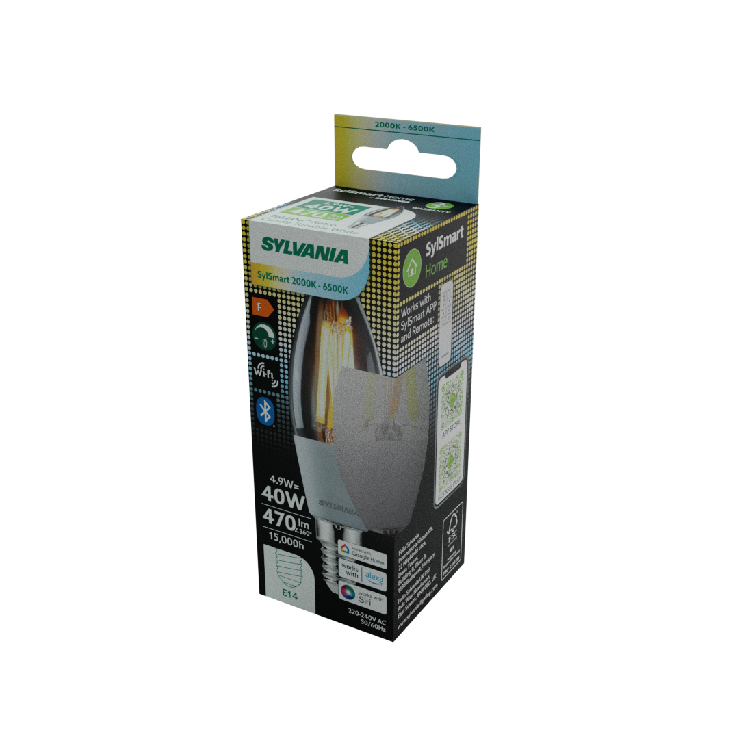 Sylvania Smart Lamps Smart LED Candle Light Bulb E14 470 Lumens WiFi Tuneable White Clear