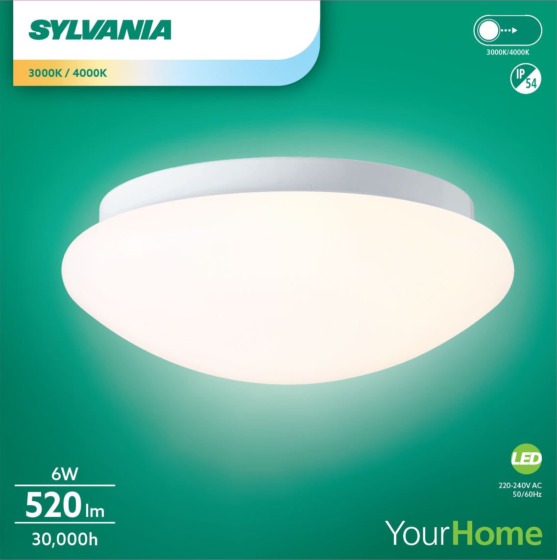 Sylvania SylCircle LED Round Ceiling Light 6W 520 Lumens IP54 DualTone Flush Mount