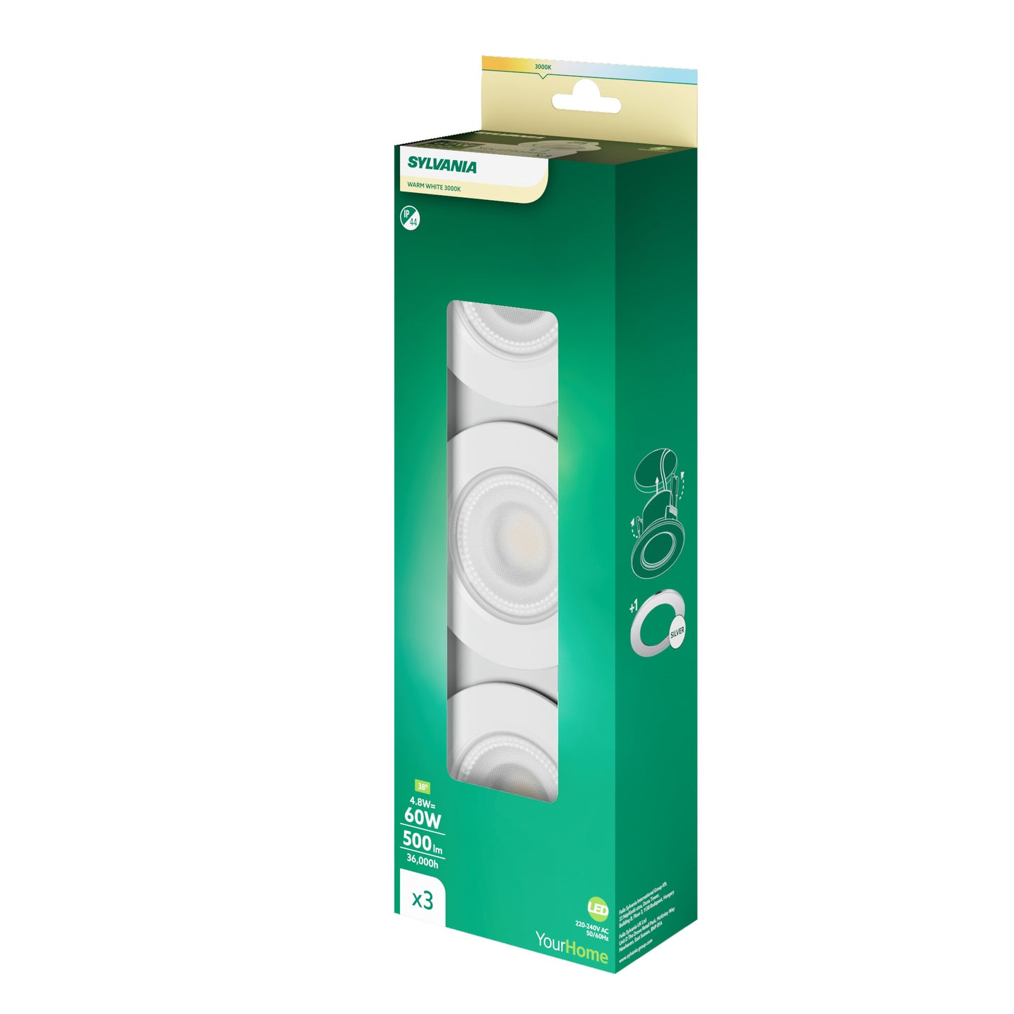 Sylvania SylSpot LED Recessed Spotlight 4.8W 500 Lumens IP44/20 White - Pack of 3