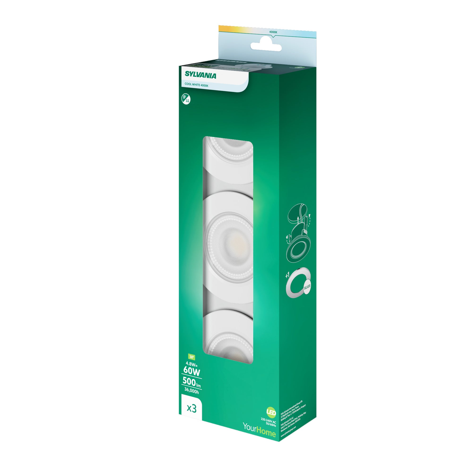 Sylvania SylSpot LED Recessed Spotlight 4.8W 500 Lumens IP44/20 White - Pack of 3