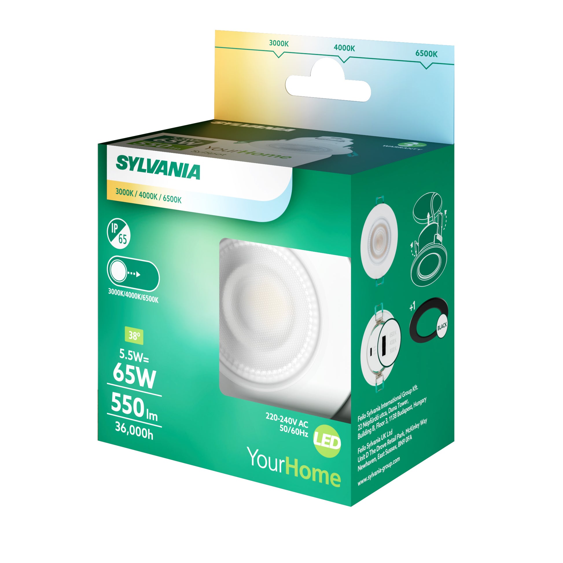 Sylvania SylSpot LED Recessed Spotlight 4.8W 500 Lumens IP65/20 White - Pack of 3